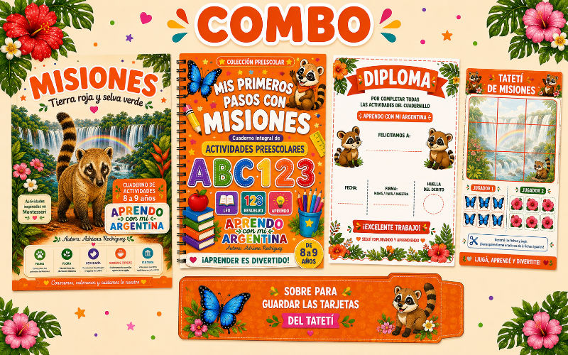 COMBO MISIONES 8-9 

Aprender las primeras habilidades
y descubrir Argentina jugando.
Más de 100 actividades educativas + juego didáctico Memotes + diploma de finalización, todo en formato PDF imprimible para utilizar las veces que quieras.